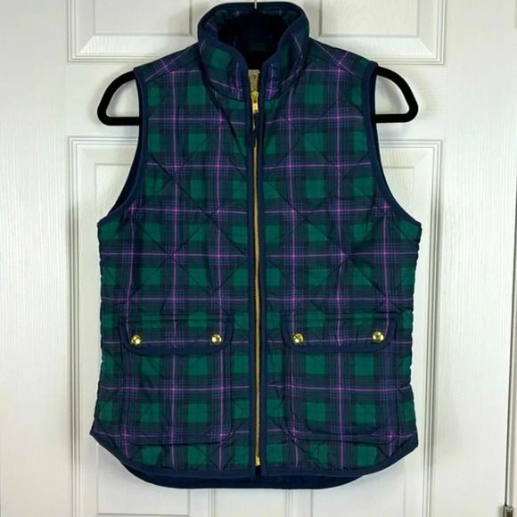 J. Crew navy, green and purple tartan zip up puffer vest sz xs - Picture 1 of 6